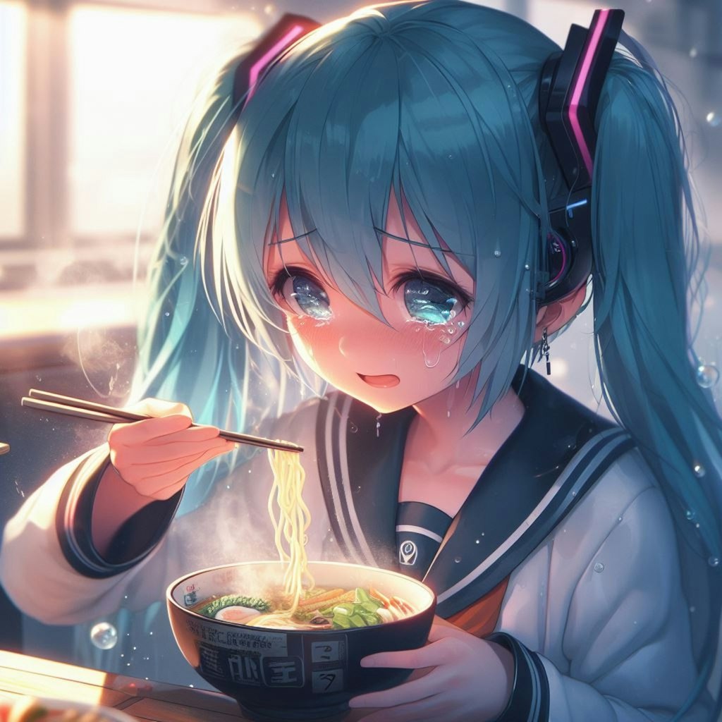 ラーメン、初音、窓辺にて