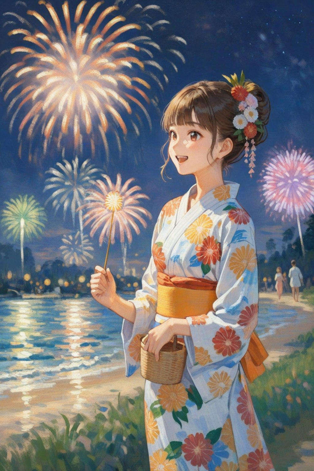 夏祭りと花火と浴衣の少女