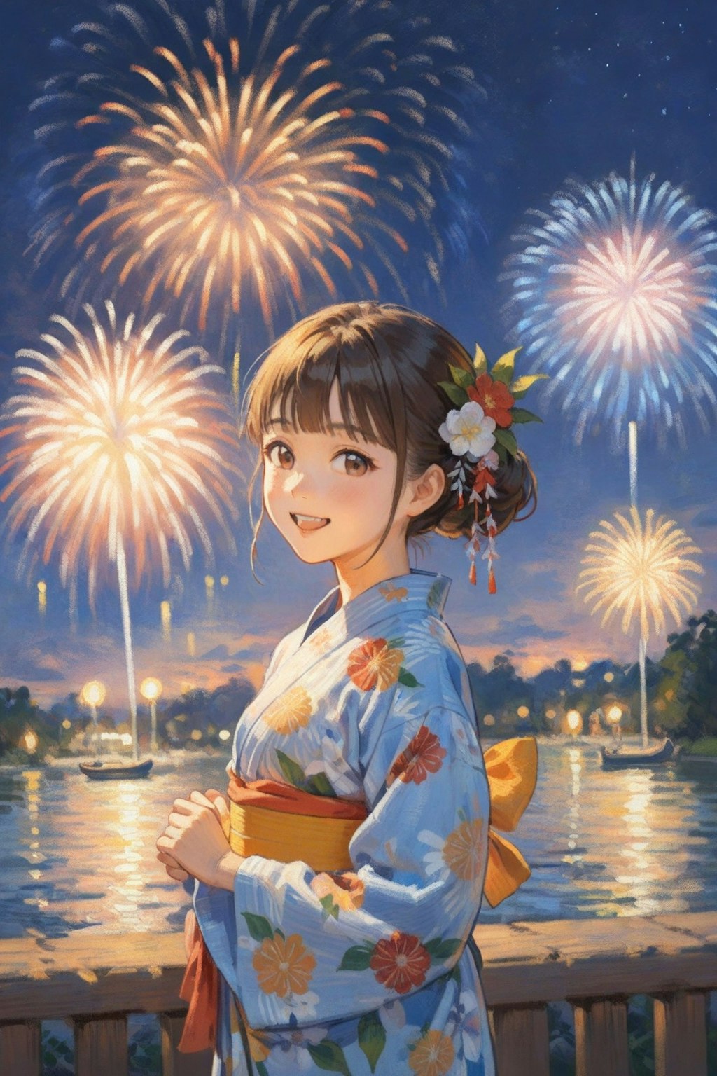 夏祭りと花火と浴衣の少女