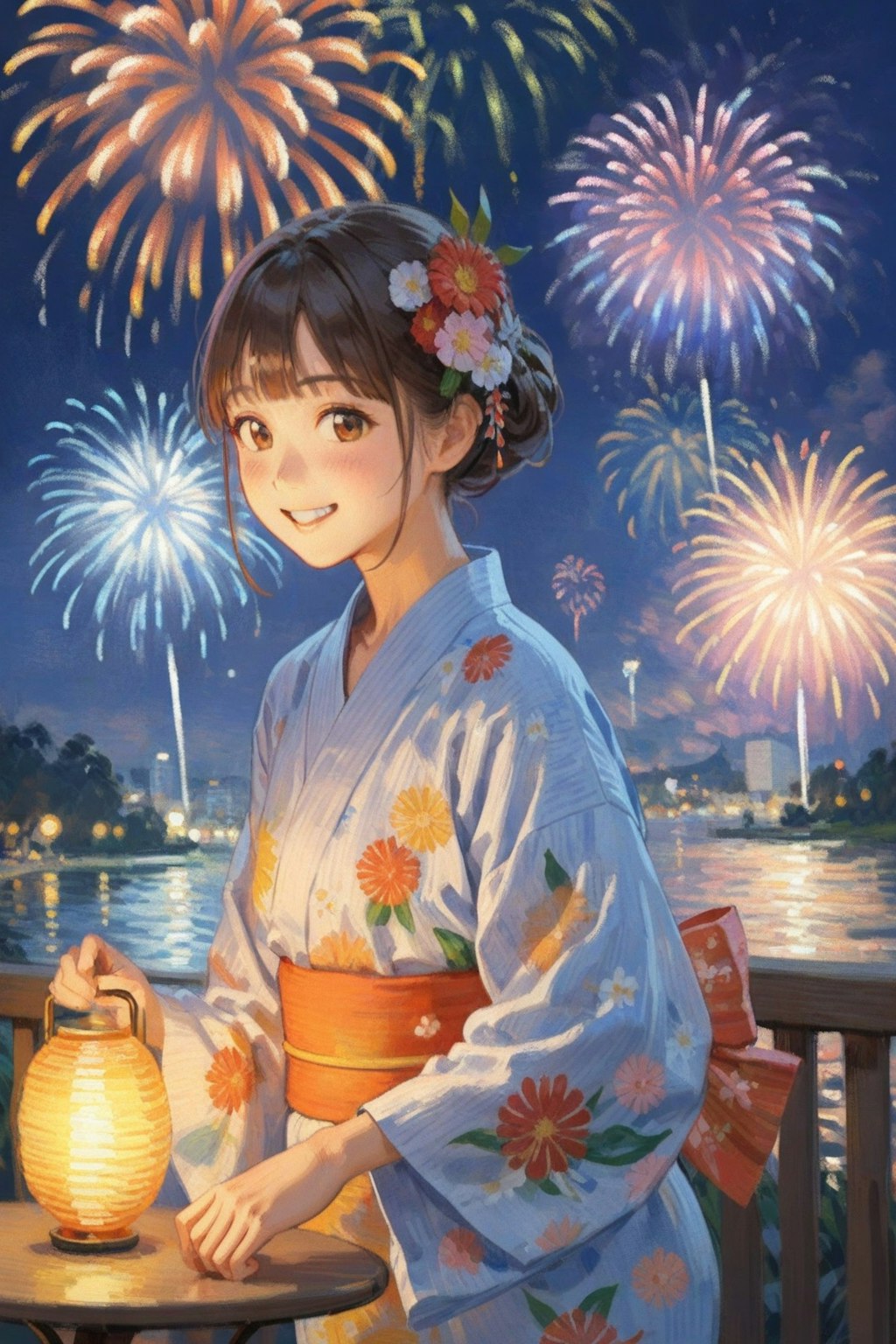 夏祭りと花火と浴衣の少女