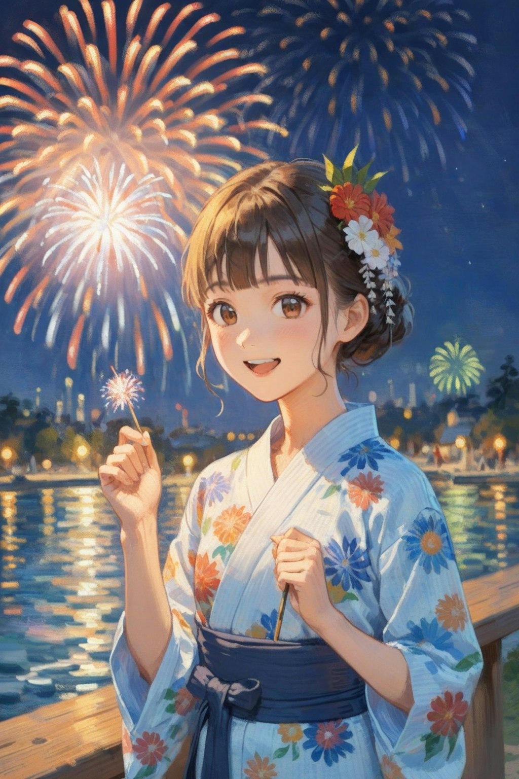 夏祭りと花火と浴衣の少女