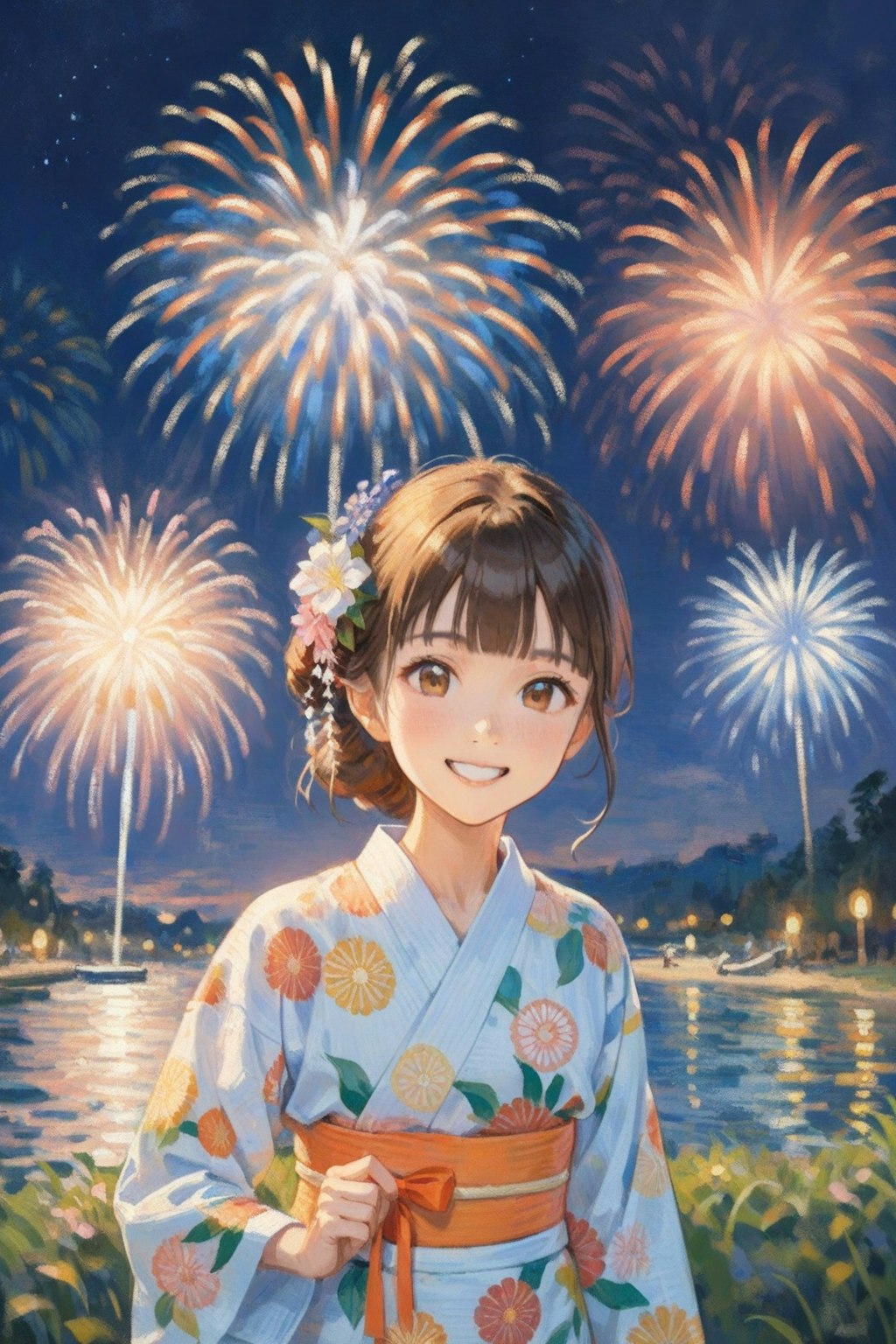 夏祭りと花火と浴衣の少女