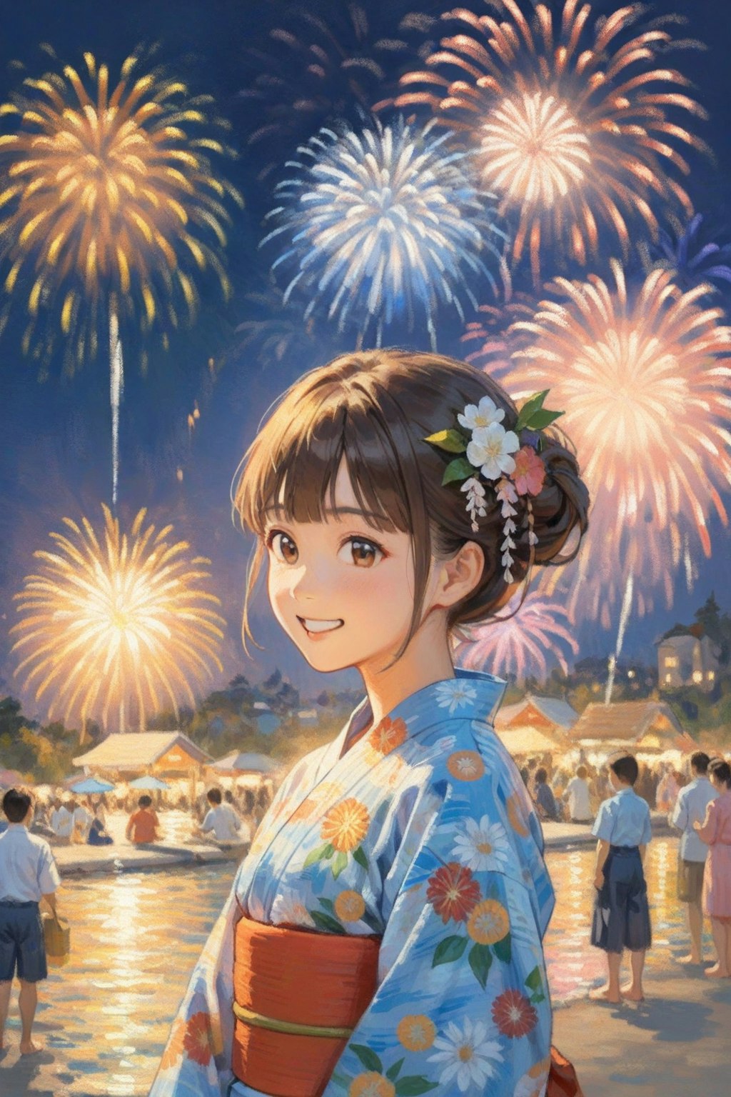 夏祭りと花火と浴衣の少女