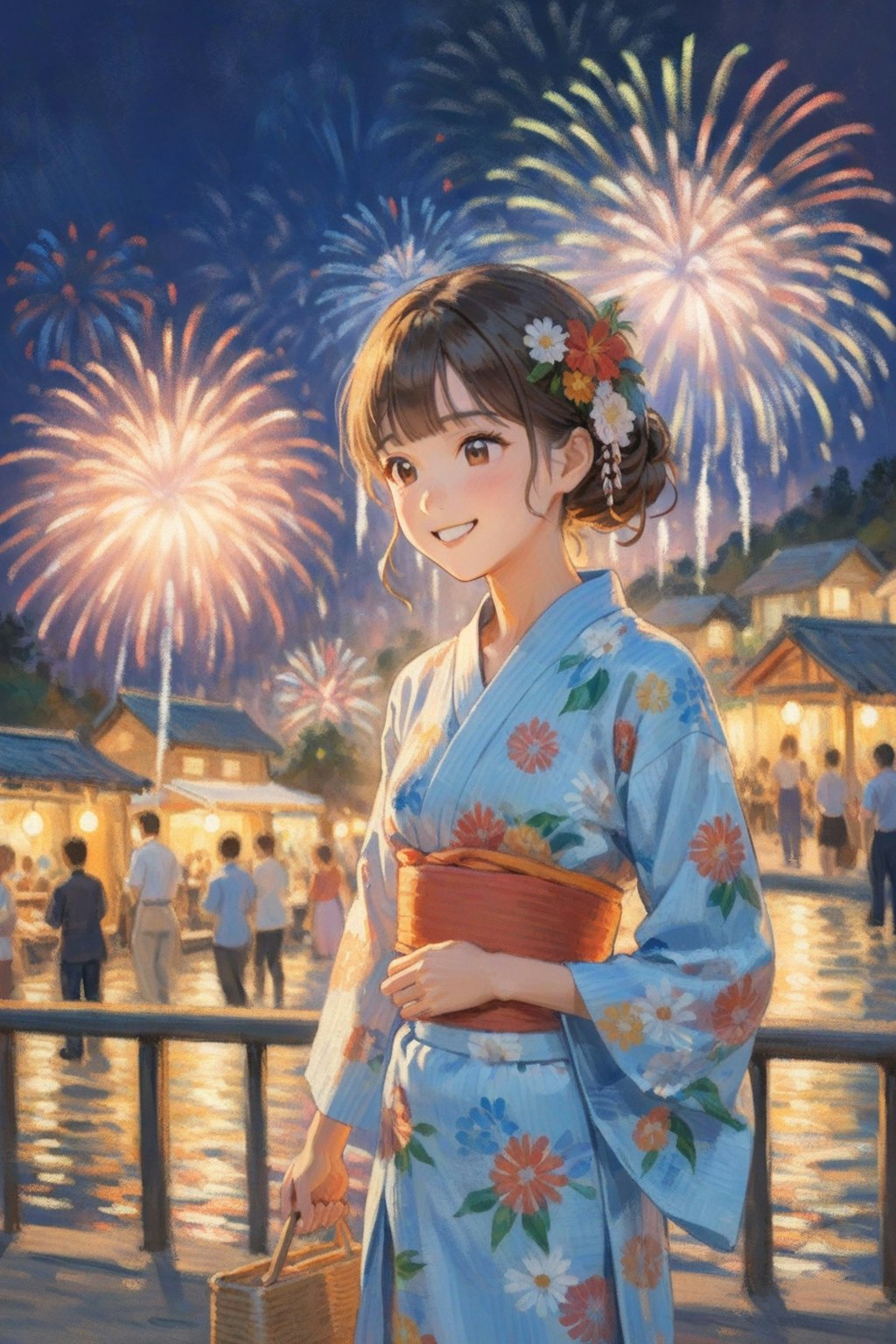 夏祭りと花火と浴衣の少女