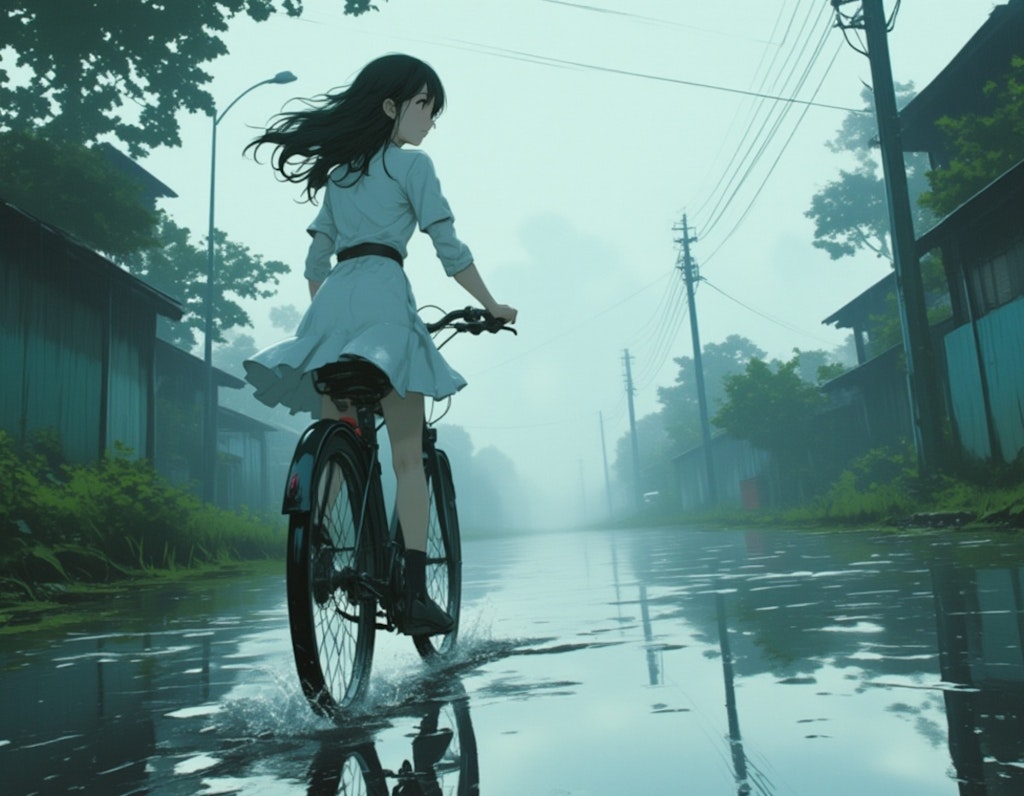 雨に濡れた道を自転車で走っている