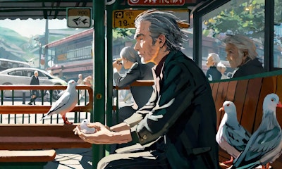バス停風景”老人と鳩”　「迫りくる超高齢化社会！！」