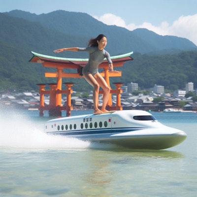 【謎画像】厳島神社で新幹線サーフィンをする女性