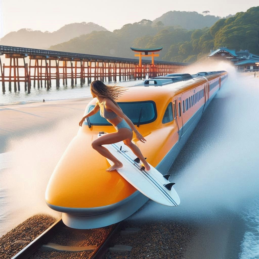 【謎画像】厳島神社で新幹線サーフィンをする女性
