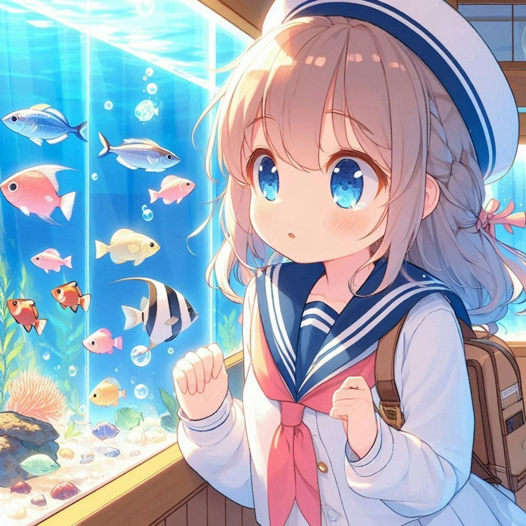 水槽を見る女の子 A girl looking at an aquarium