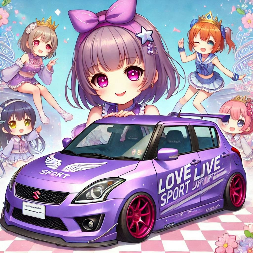 ラブライブキャラとパープルカラースズキスイフトのドリ車