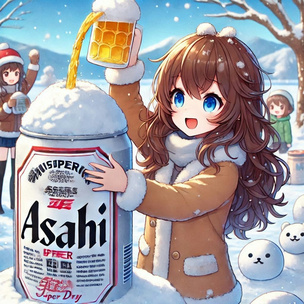 ビールが噴き上がる雪像を作る女の子