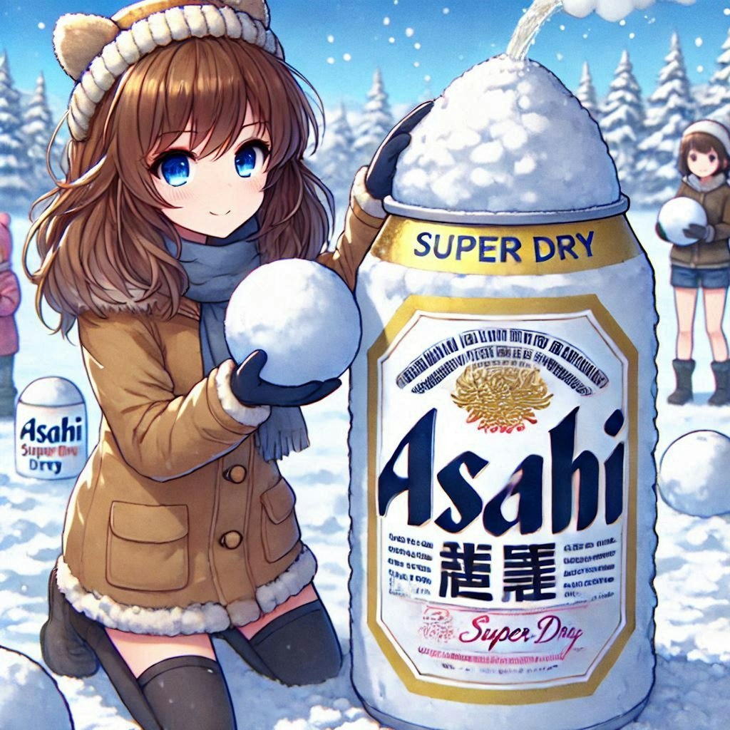 ビールが噴き上がる雪像を作る女の子