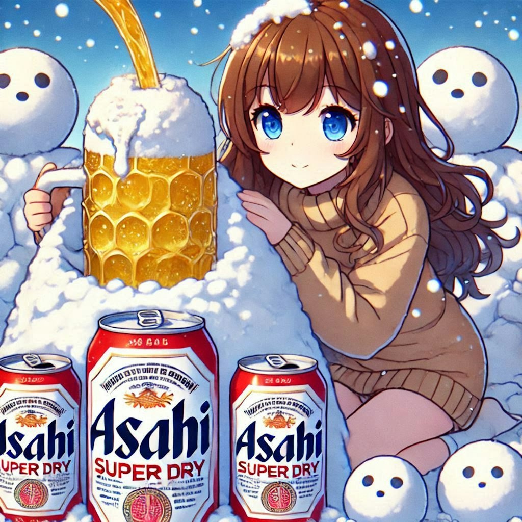 ビールが噴き上がる雪像を作る女の子