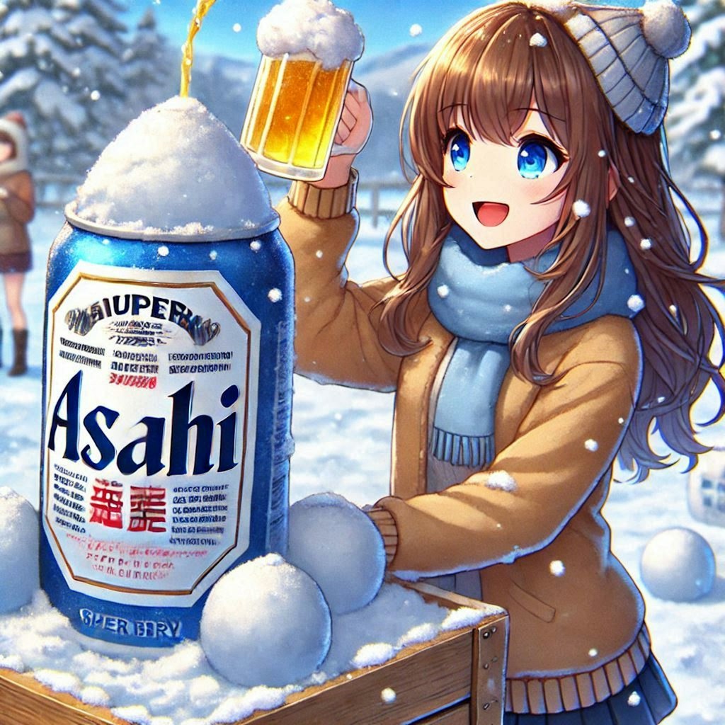 ビールが噴き上がる雪像を作る女の子