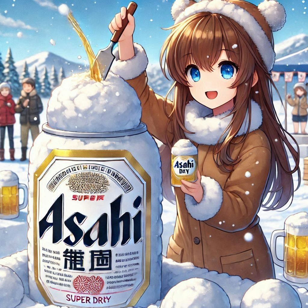 ビールが噴き上がる雪像を作る女の子