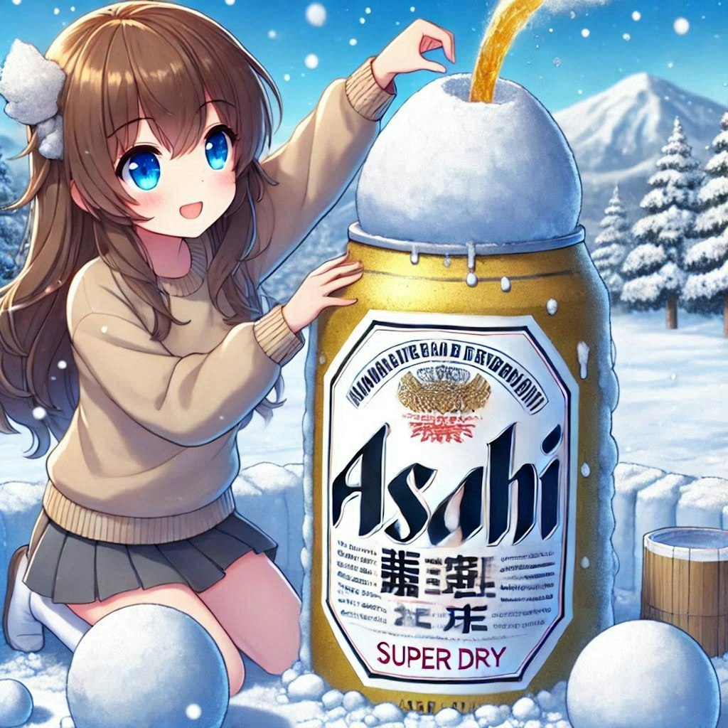 ビールが噴き上がる雪像を作る女の子