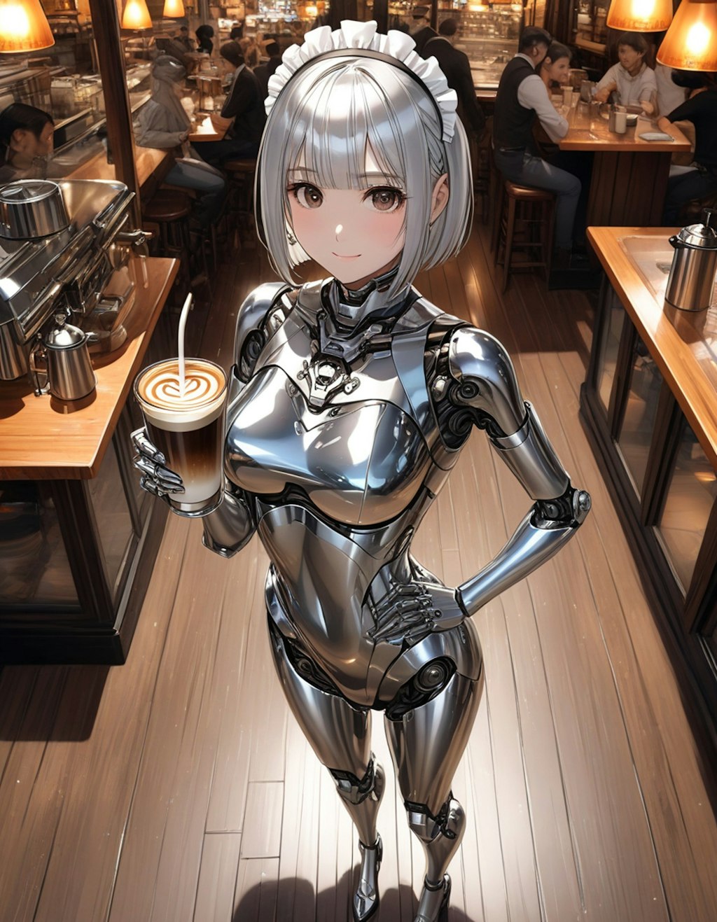 カフェで働くメカ子