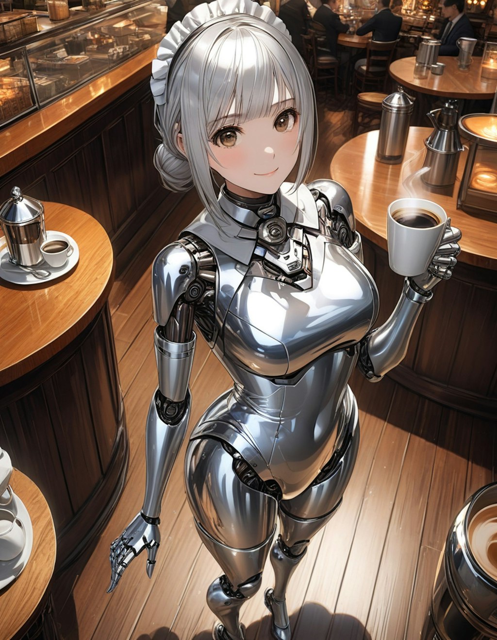 カフェで働くメカ子