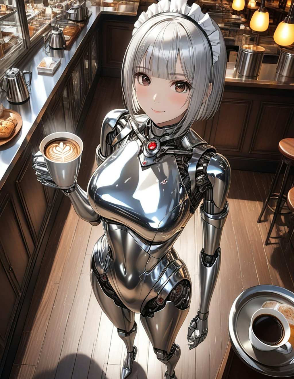 カフェで働くメカ子