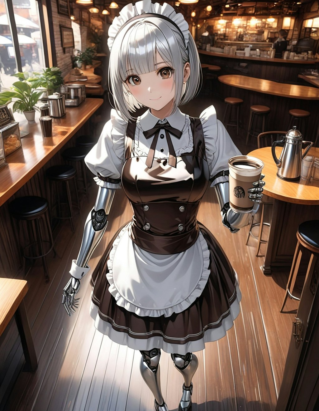 カフェで働くメカ子