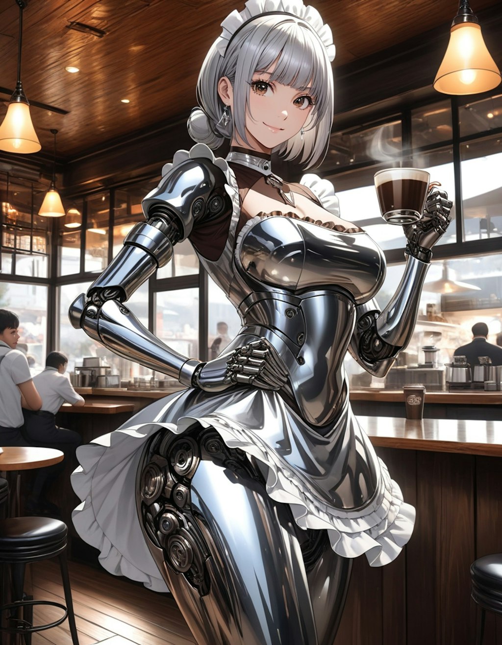 カフェで働くメカ子