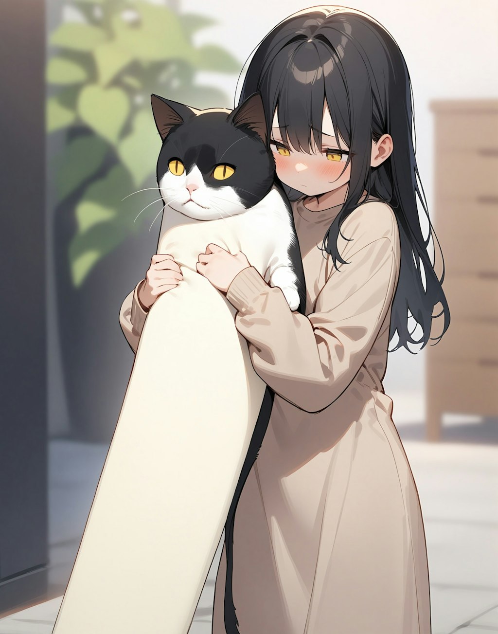 伸びる猫と女の子