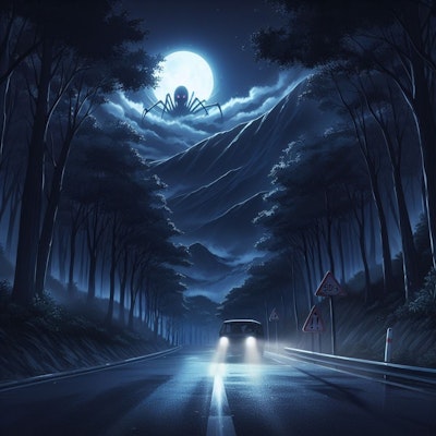 『アニメ調。深夜。暗い山道。物陰に何かが潜んでいる。』