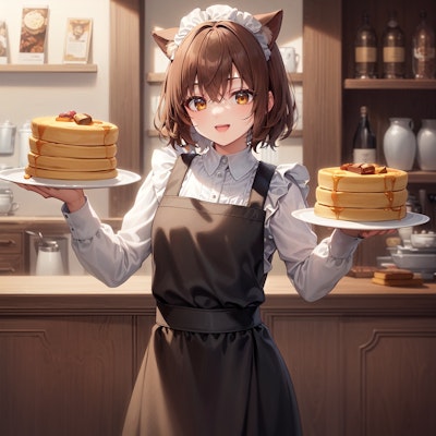 ホットケーキを運ぶ喫茶店で働く猫娘
