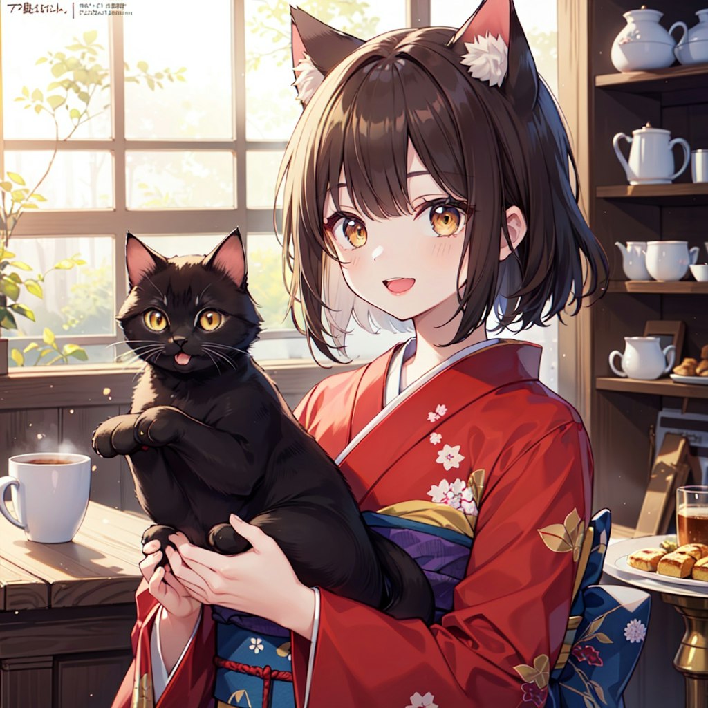 黒猫と着物姿の猫娘