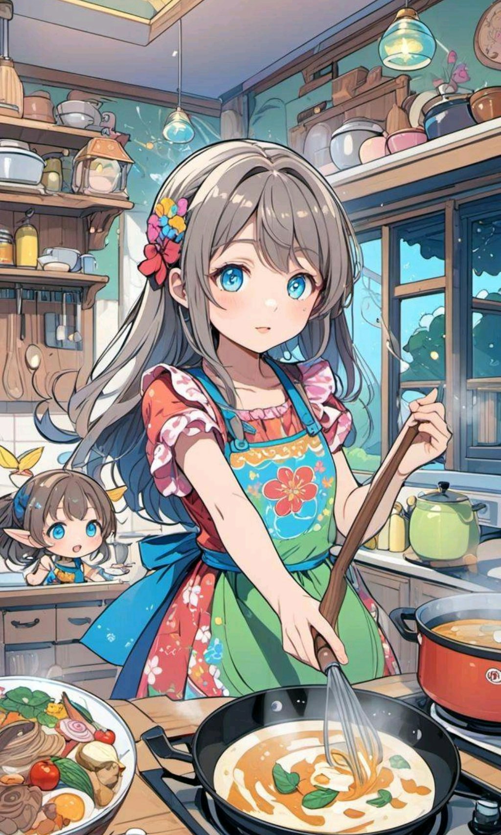 調味料の精霊と料理する小さな女の子