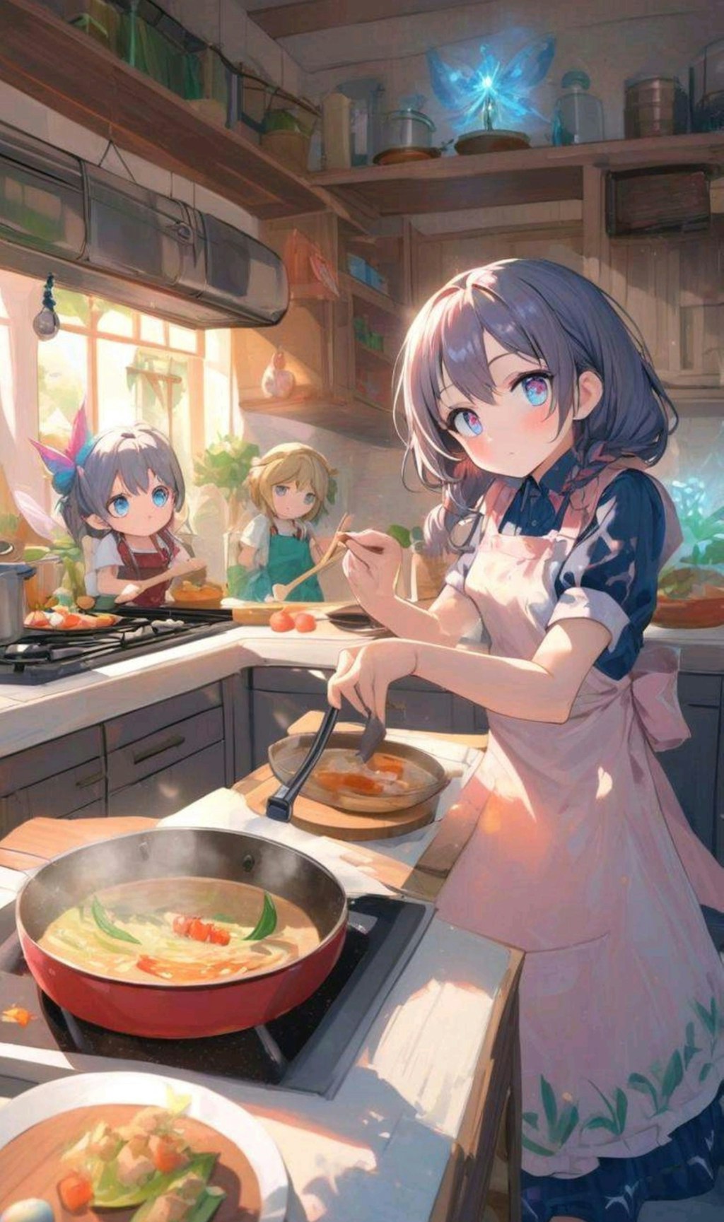 調味料の精霊と料理する小さな女の子