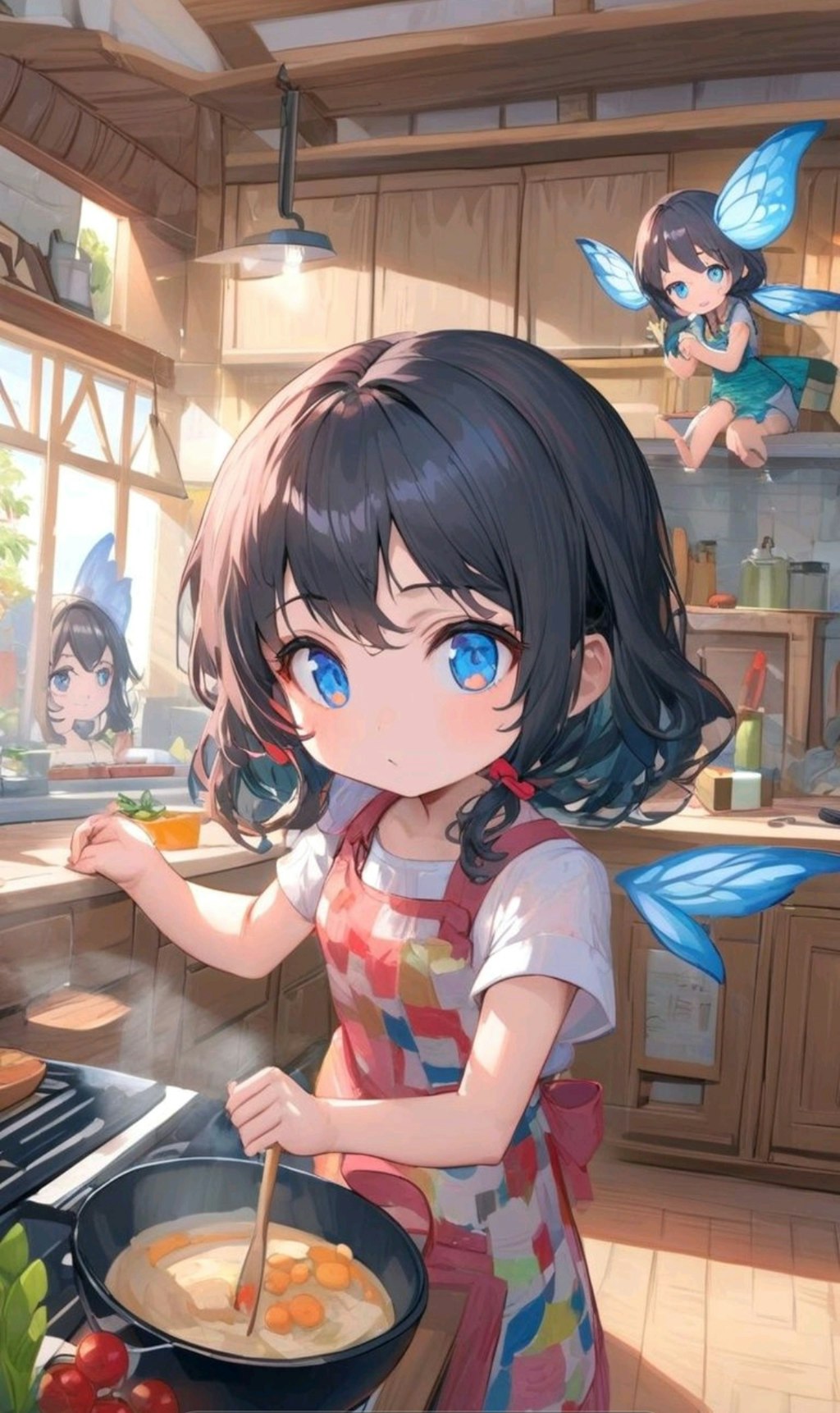 調味料の精霊と料理する小さな女の子