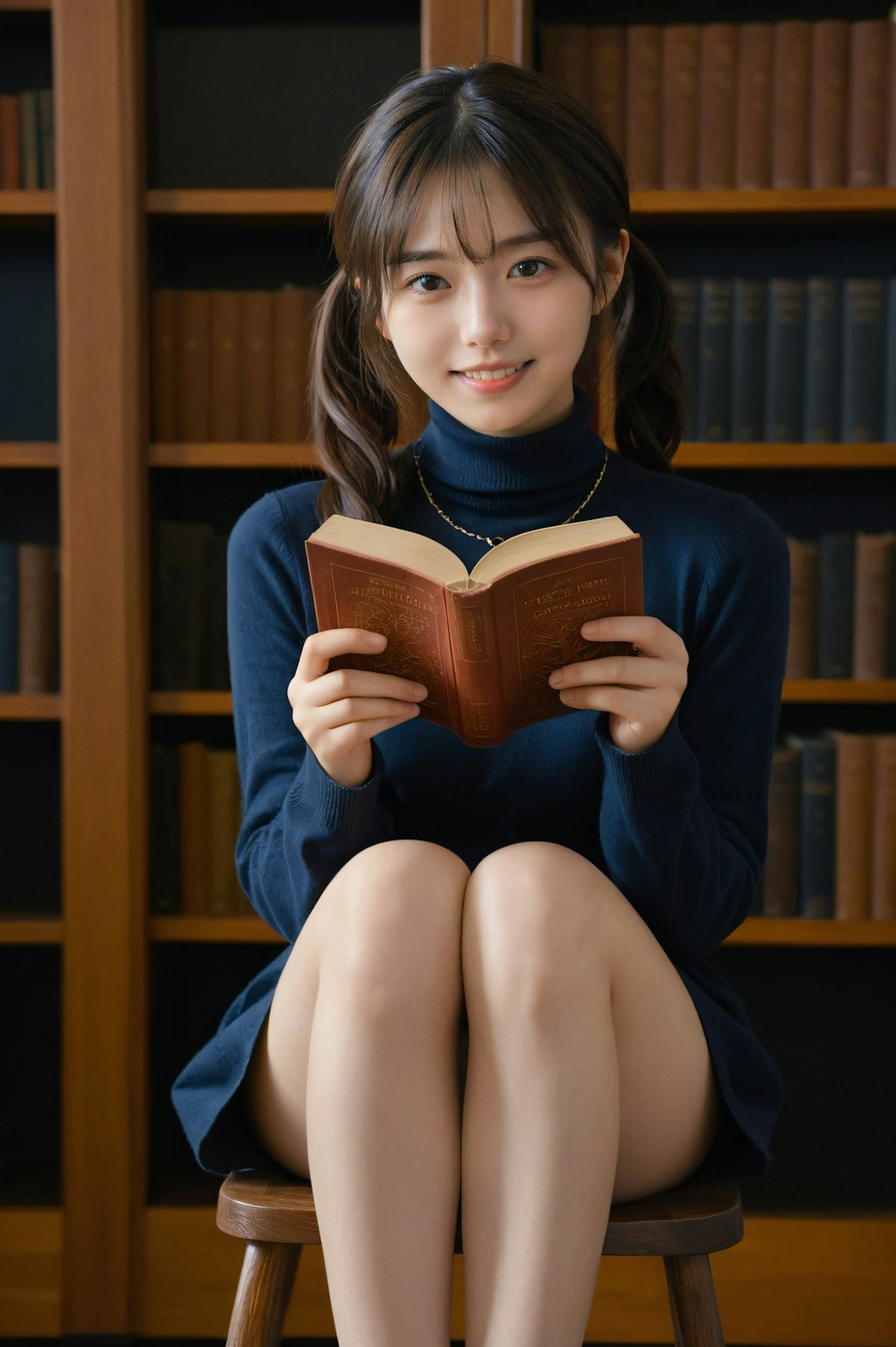 図書館で本を読む女性