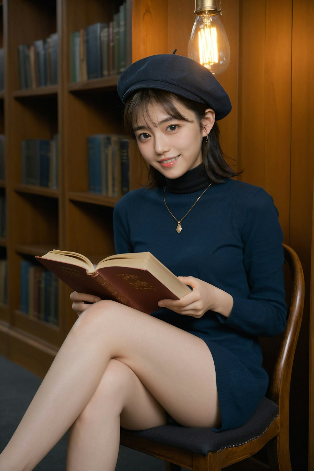 図書館で本を読む女性