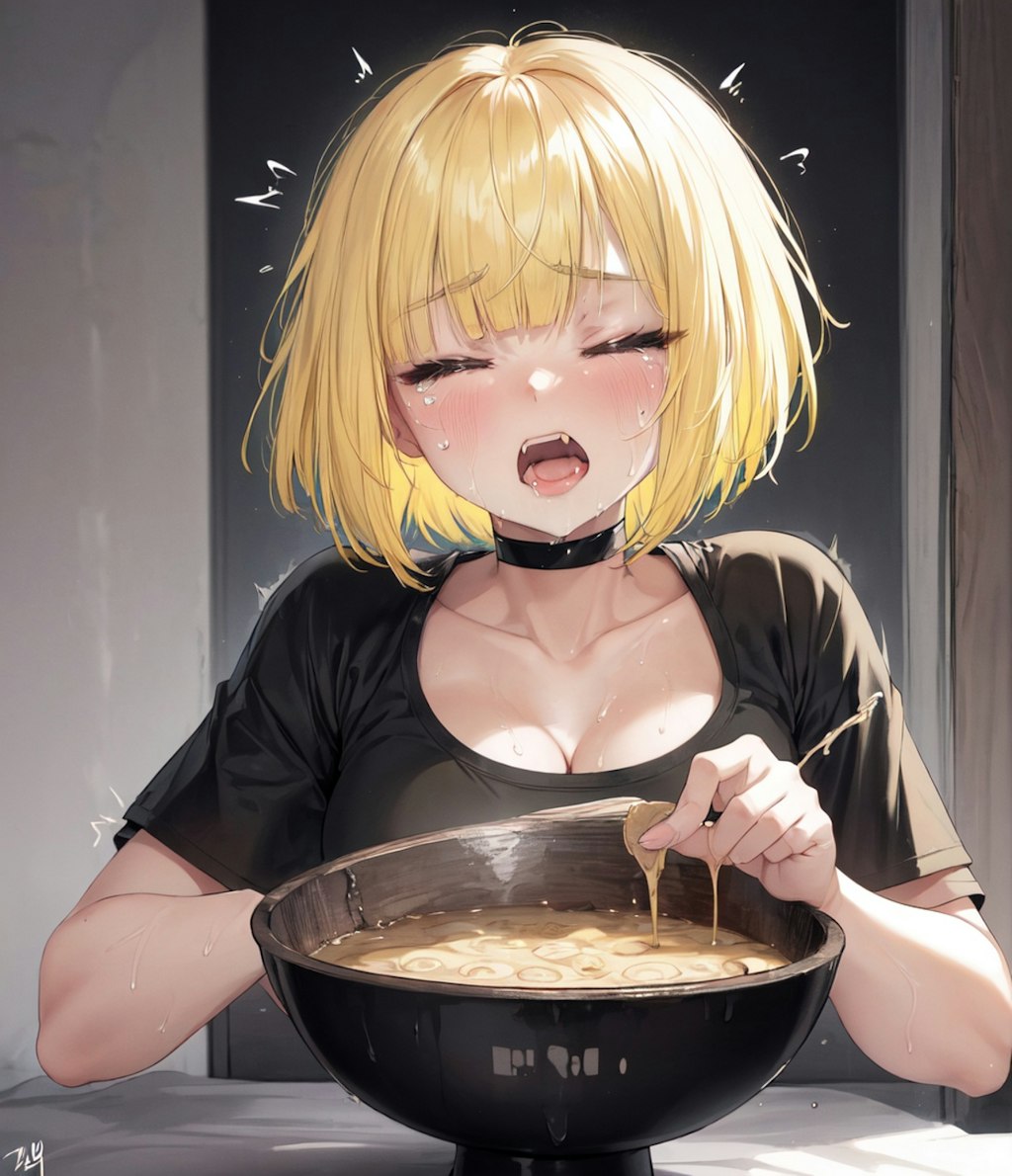 泣きながら手で豚汁食べる女の子