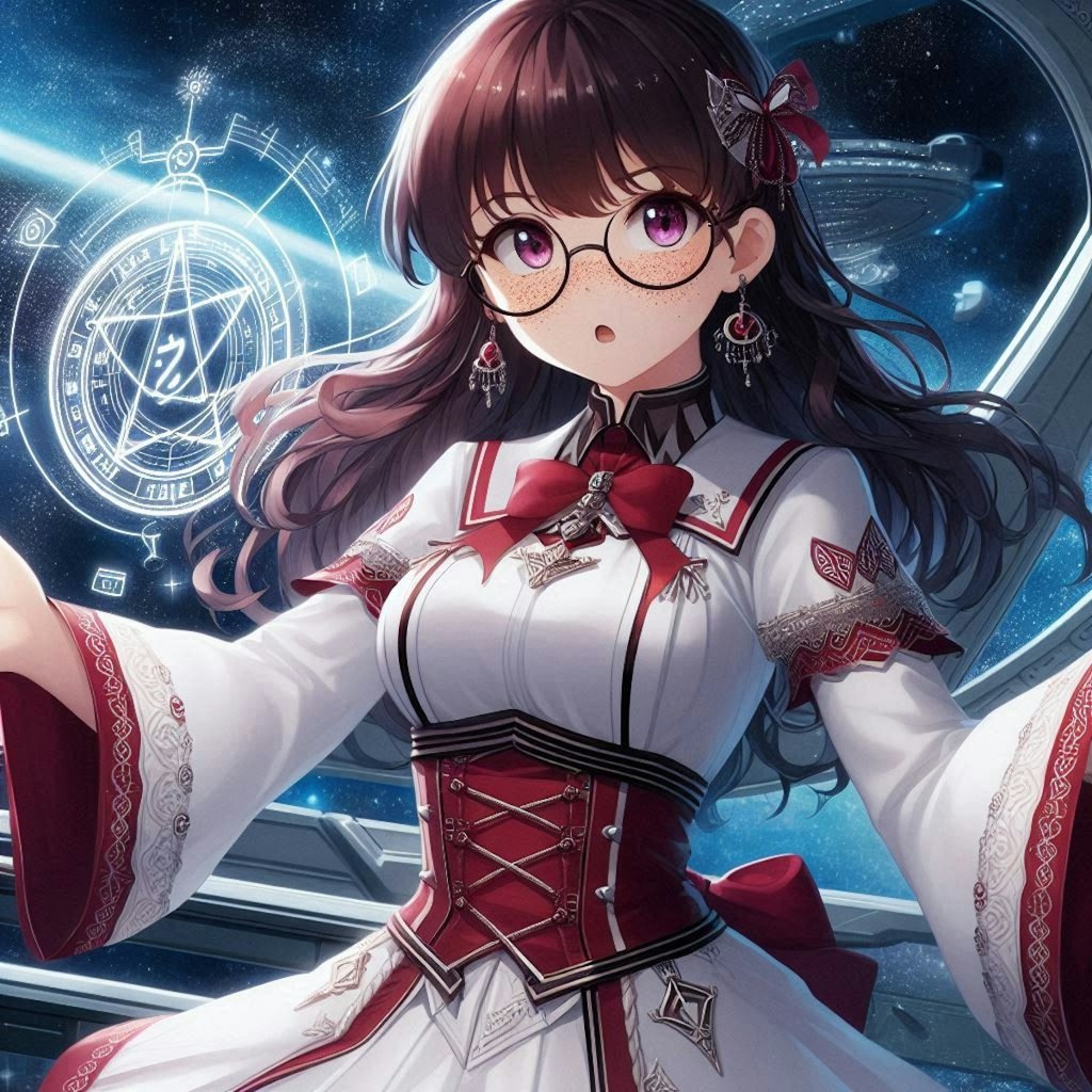 SFな背景に赤と白の無難なファンタジー風衣服、これはこれで相反する感じが良い