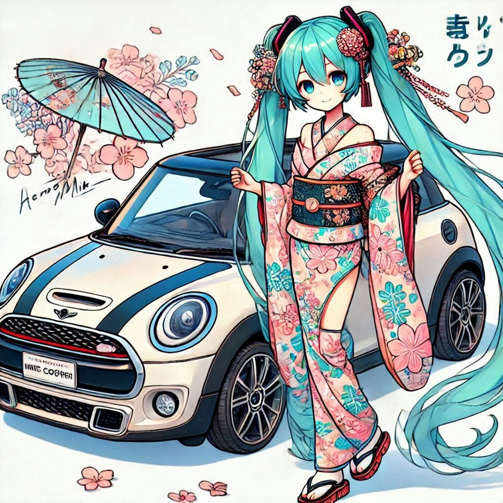 ミニクーパーと着物姿初音ミク