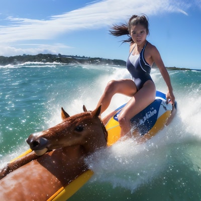 【謎画像】暑さで馬が溶けて貼りついたサーフボードで波に乗る女の子