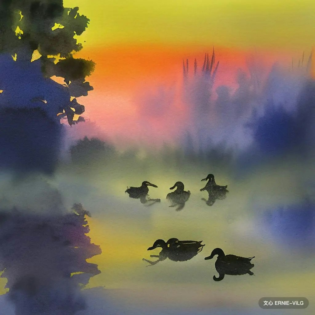 夕焼け霧の鴨群（2）