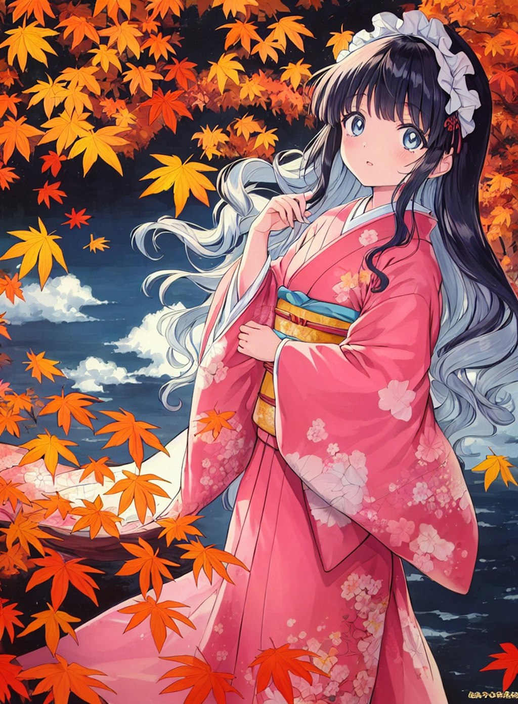 着物の少女と紅葉