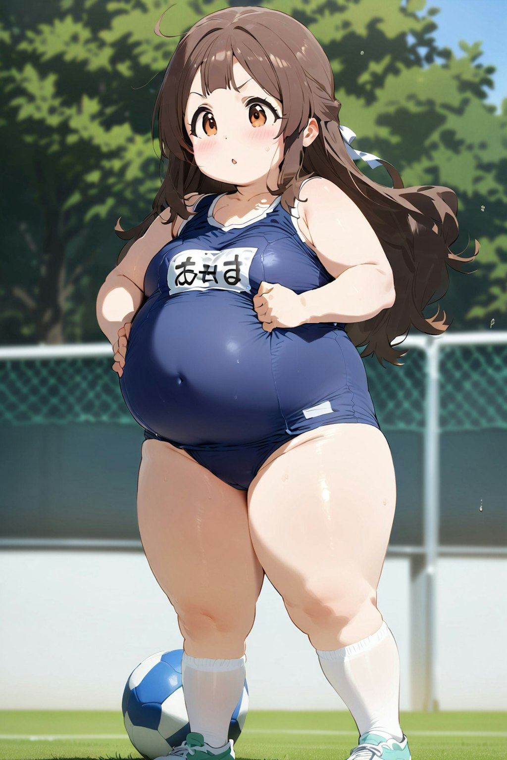 A very chubby girl playing Football