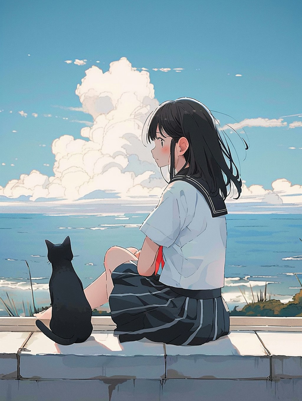 黒髪女子と夏の空と黒猫