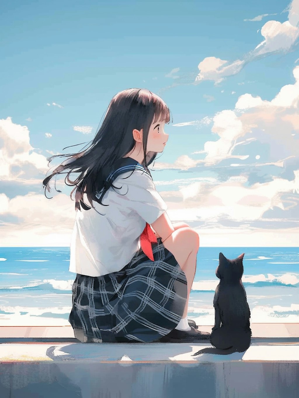 黒髪女子と夏の空と黒猫