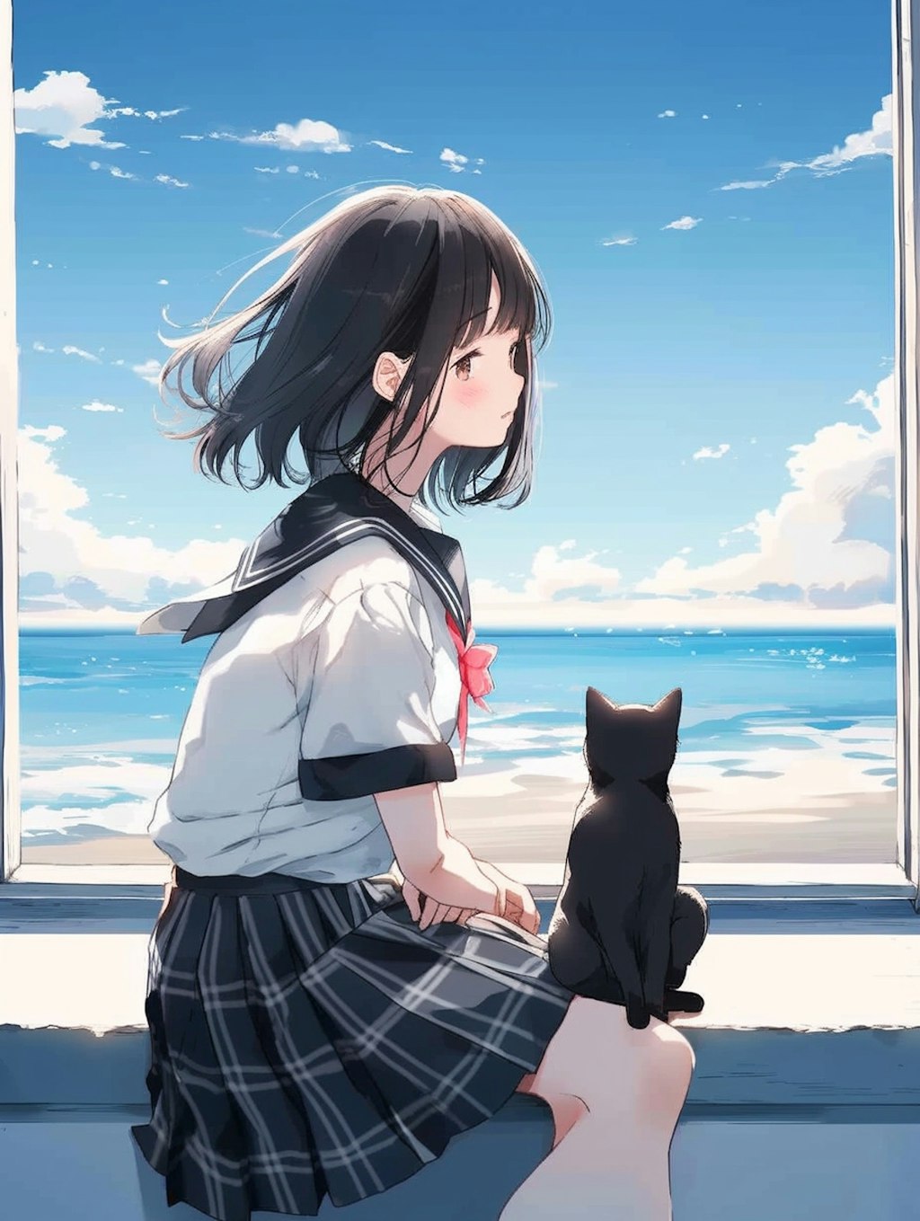 黒髪女子と夏の空と黒猫