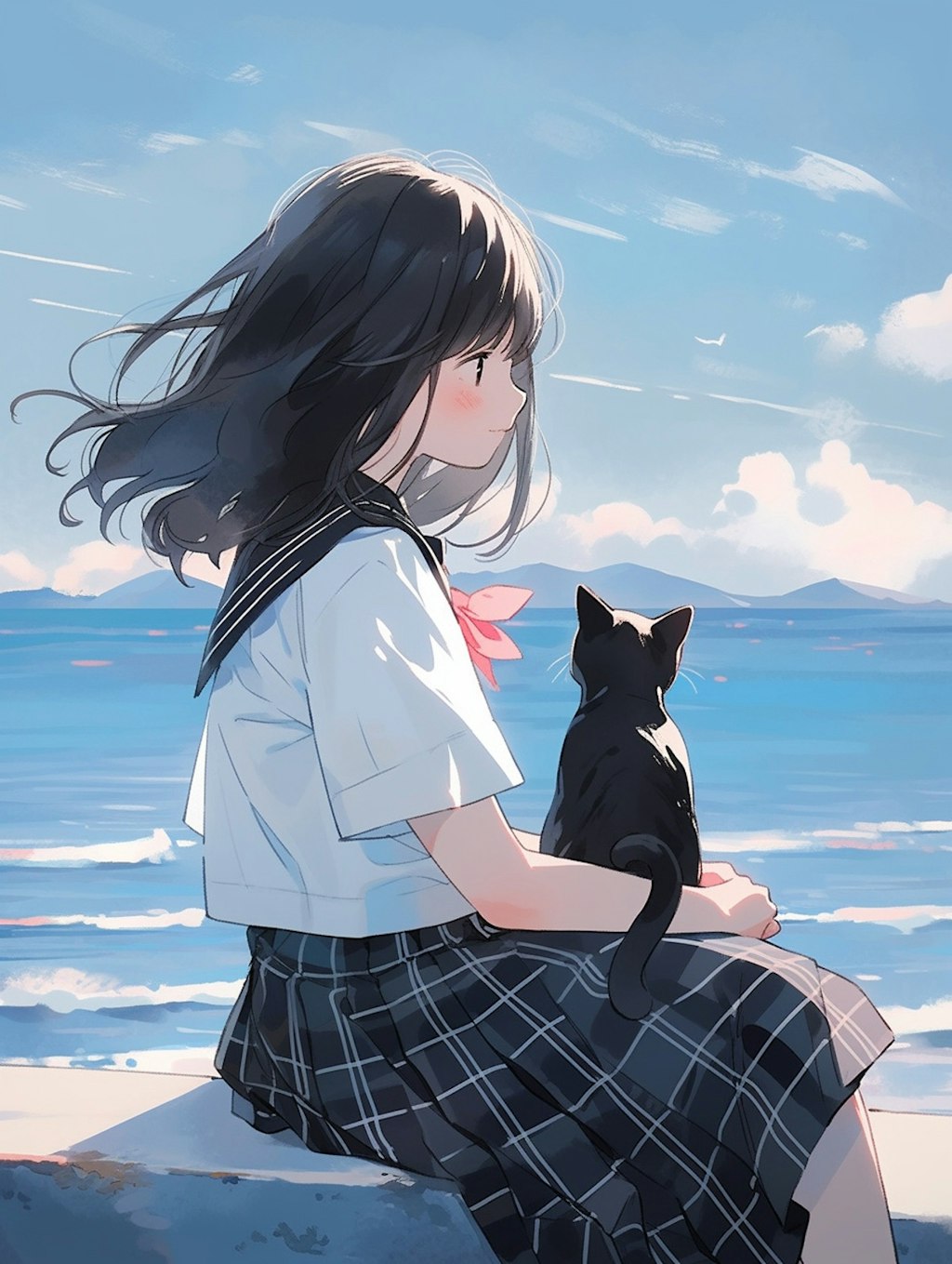 黒髪女子と夏の空と黒猫