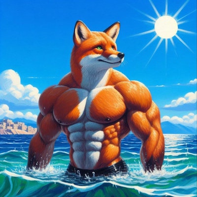 アクリル風 水着で海を泳ぐ筋肉狐