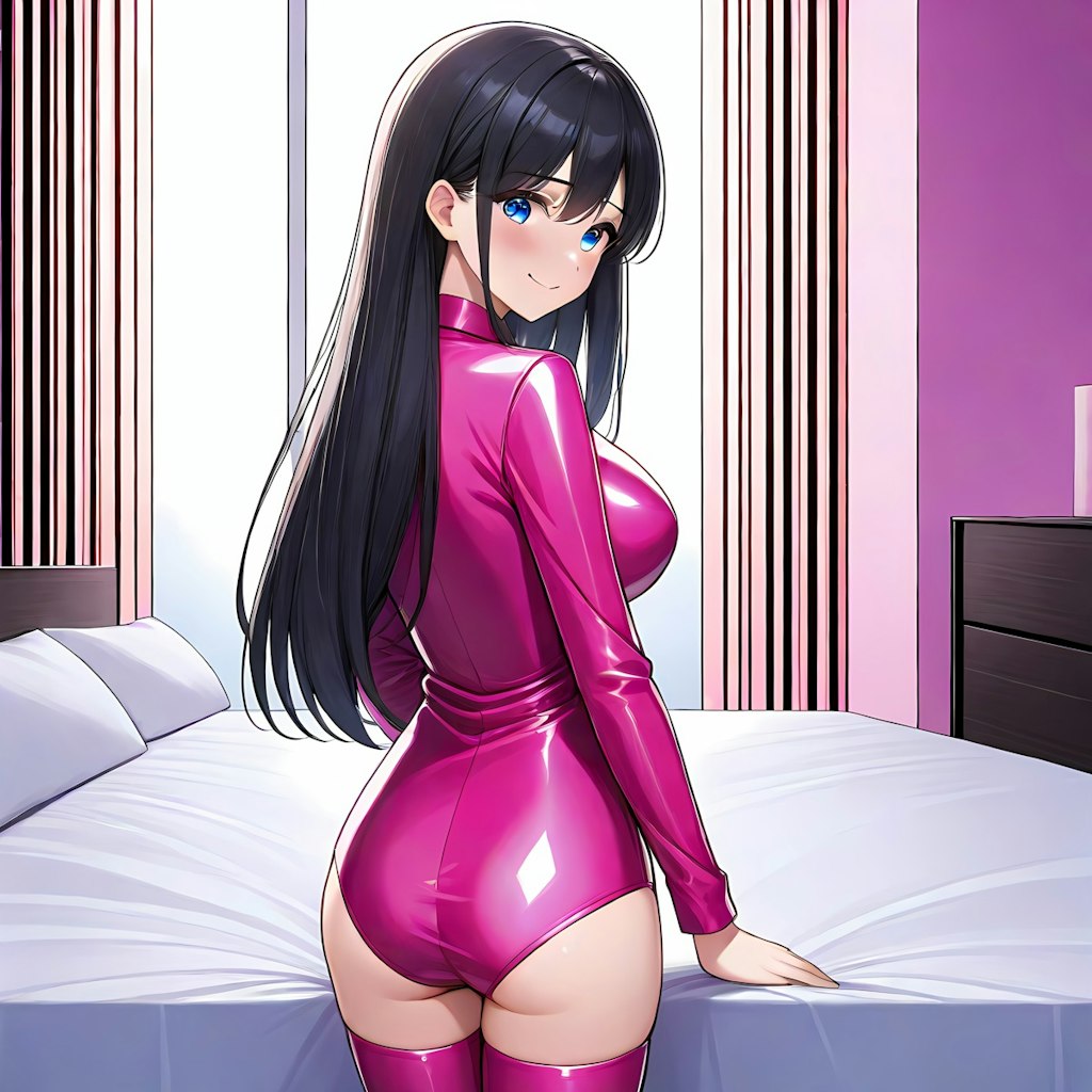 光沢ピンクレオタードサイハイソックス後ろ姿