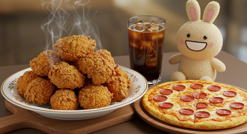 摩訶不思議食堂の唐揚げとピザのセット