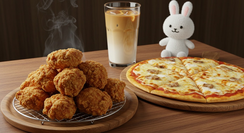 摩訶不思議食堂の唐揚げとピザのセット