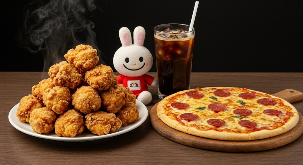 摩訶不思議食堂の唐揚げとピザのセット